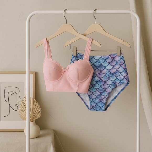 Mermaidcore ✦ Scalloped Tankini Bikini Set ✦ Pink Sweetheart Top + High-Waisted - Picture 11 of 15